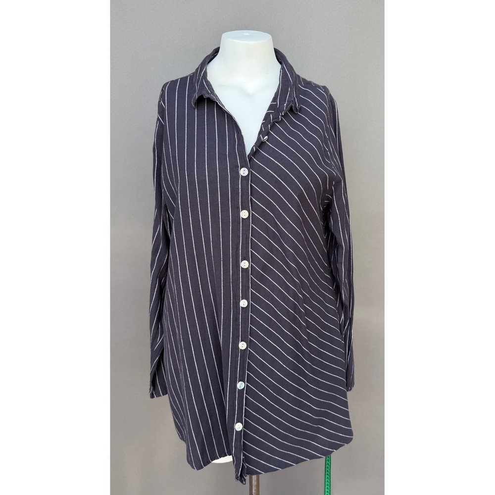 Tulip Mixed Stripe Pockets Tunic Shirt Dress Large Charcoal Lagenlook Long Slv